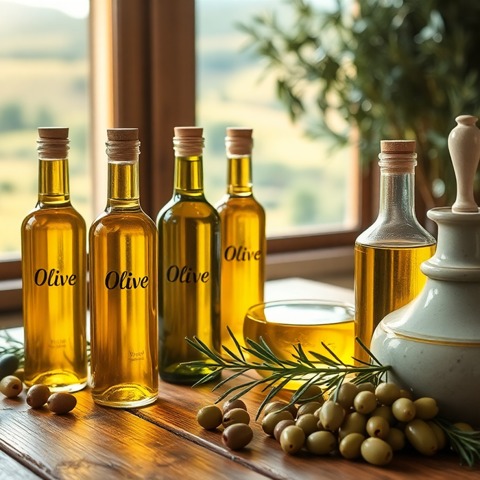 Bouteilles d’huile d’olive italienne alignées sur une table en bois, entourées d’olives fraîches et de branches de romarin, avec une lumière naturelle et un paysage toscan en arrière-plan — EasyGusto.fr