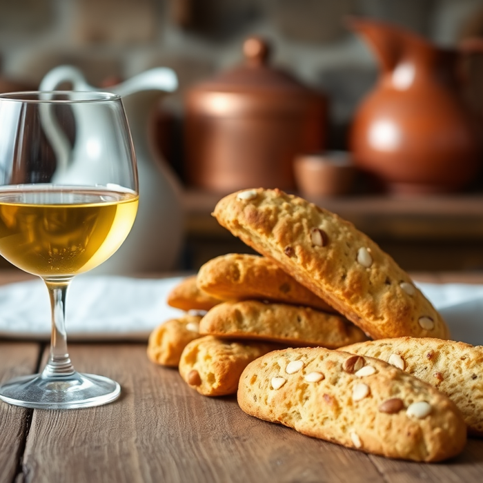 Biscotti italiens croustillants aux amandes servis sur une table rustique avec un verre de vin doux doré — EasyGusto.fr
