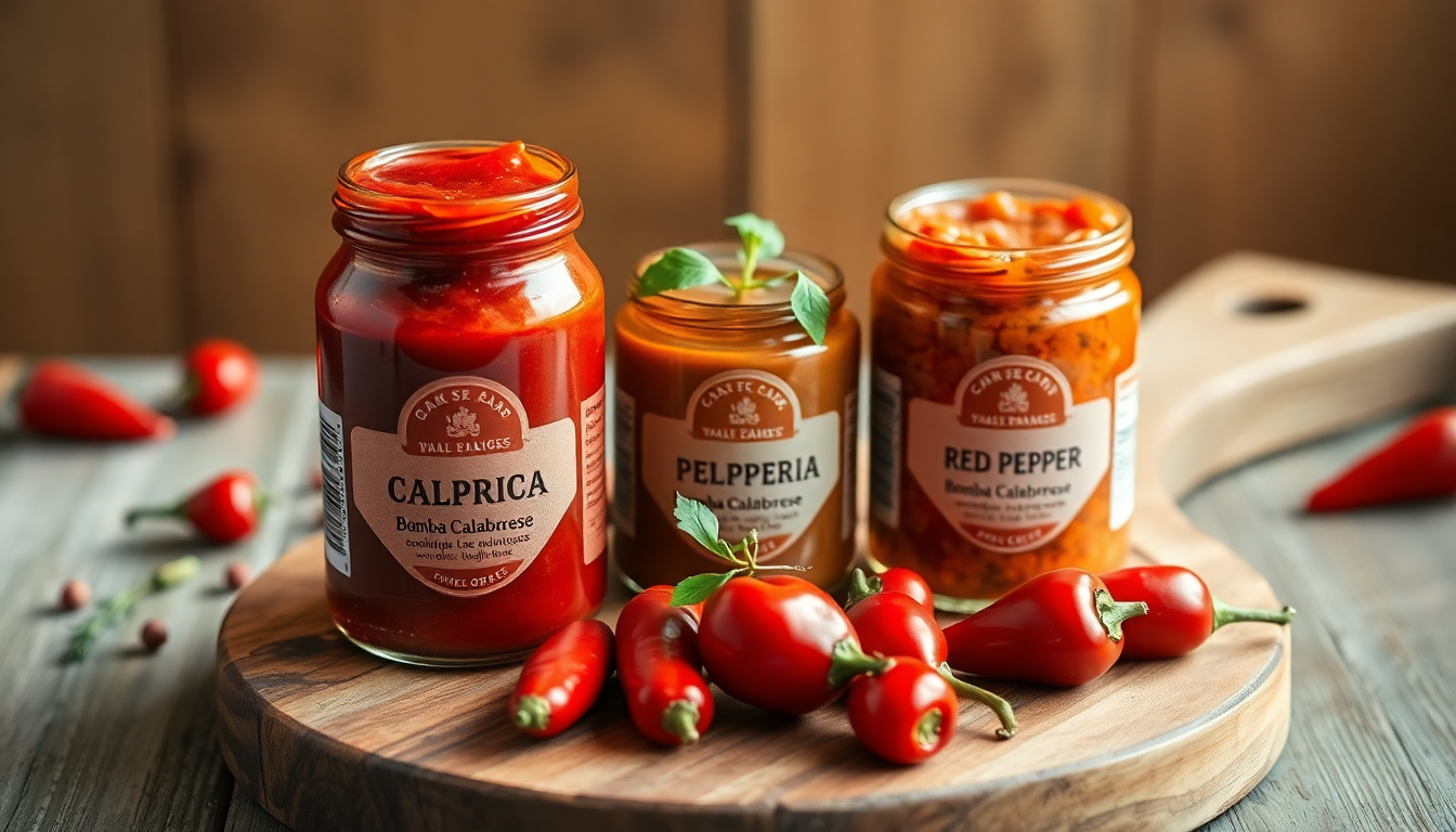 Pots de Bomba Calabrese et de Crème de Poivrons italiens posés sur une planche en bois, sauces rouges épicées avec piments frais