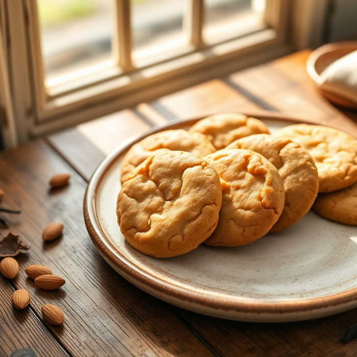 Assortiment de biscuits italiens bio aux amandes présentés sur une assiette en céramique, près d’une fenêtre en bois éclairée par la lumière du matin — EasyGusto.fr