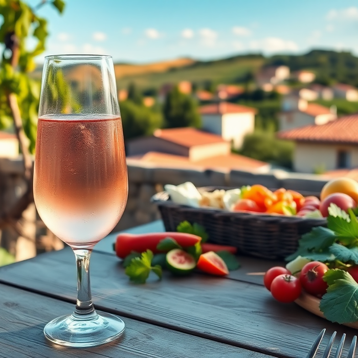 Verre de vin rosé italien sur une table en bois, entouré de tomates fraîches, d’herbes aromatiques et de légumes d’été, avec un paysage toscan ensoleillé en arrière-plan — symbole de la convivialité et de la gastronomie italienne estivale — EasyGusto.fr