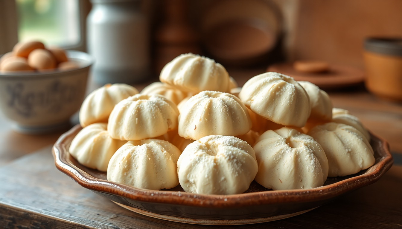 Biscuits Amaretti italiens moelleux aux amandes, saupoudrés de sucre glace, présentés sur une table rustique en bois.
