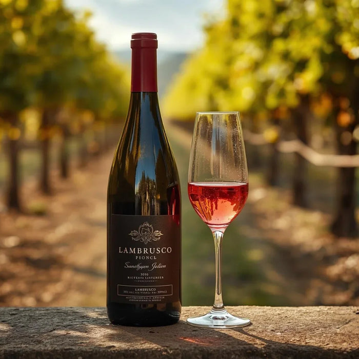 Bouteille et verre de vin pétillant rouge Lambrusco posés sur un muret au cœur d’un vignoble ensoleillé d’Émilie-Romagne, illustrant la fraîcheur, la convivialité et l’élégance du vin italien.