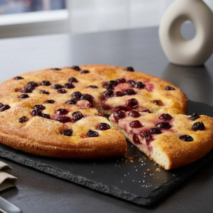 Schiacciata con l’uva toscane, gâteau rustique moelleux aux raisins noirs servi sur ardoise avec un verre de vin doux