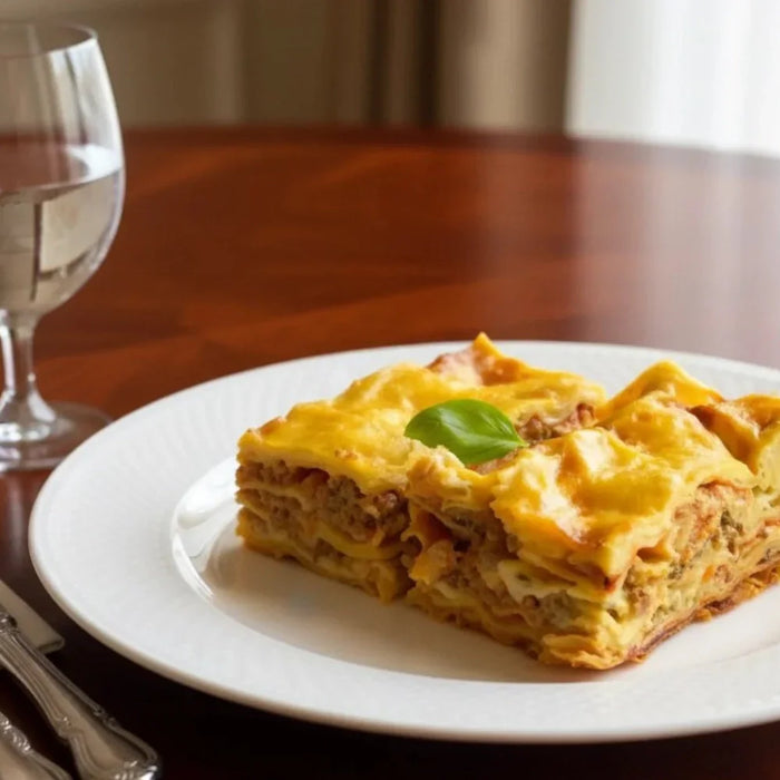 Timballo des Abruzzes servi sur une assiette blanche — plat traditionnel de Teramo à base de fines crêpes appelées scrippelle, garni de ragù, mozzarella, œufs durs et parmesan, doré au four et présenté sur une table élégante avec un verre d’eau.