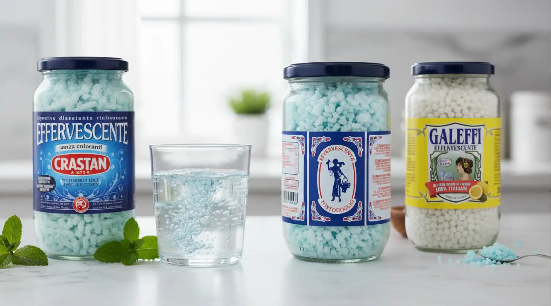 Bocaux d’effervescents digestifs italiens Crastan, Galeffi et Tortoroglio avec un verre d’eau pétillant.