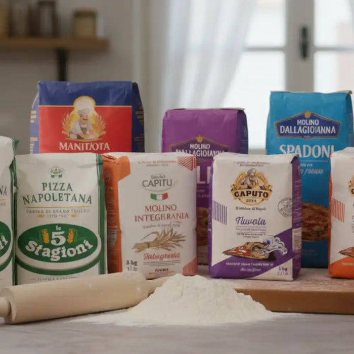 Assortiment de farines italiennes pour pizza, incluant plusieurs marques spécialisées pour une pâte authentique et artisanale.