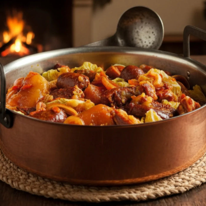 Cassoeula traditionnelle de Brianza, ragoût lombard à base de porc et chou frisé servi dans une cocotte en cuivre devant un feu de cheminée