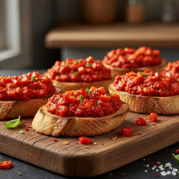 Pot de crème de poivrons piquante rouge avec basilic, présenté comme tartinade italienne pour pâtes, pizzas et apéritifs.
