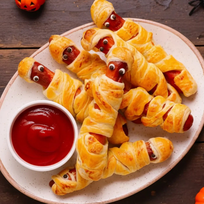 Hot-dogs momies pour Halloween — saucisses enroulées dans de la pâte feuilletée, décorées avec des yeux comestibles et servies avec du ketchup, sur un fond festif avec des citrouilles et araignées décoratives.