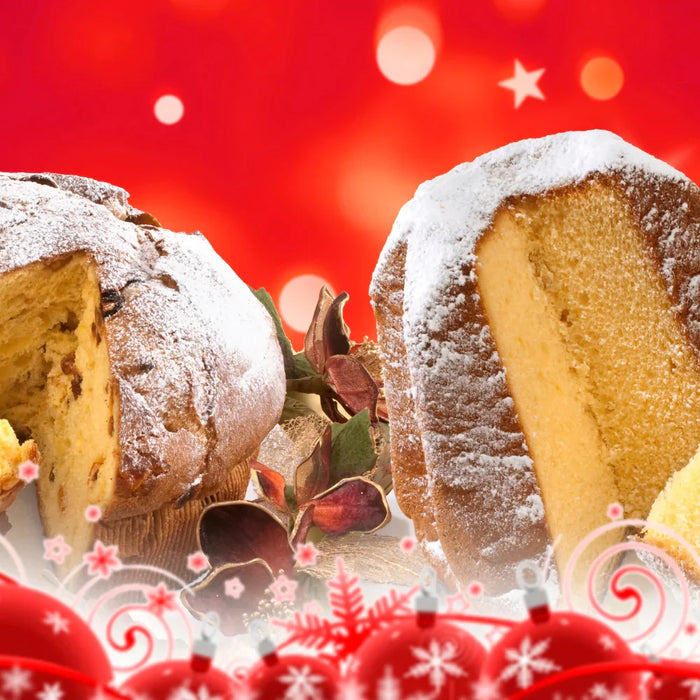 Panettone et Pandoro italiens sur fond rouge de Noël – les deux desserts traditionnels des fêtes italiennes présentés par EasyGusto.fr