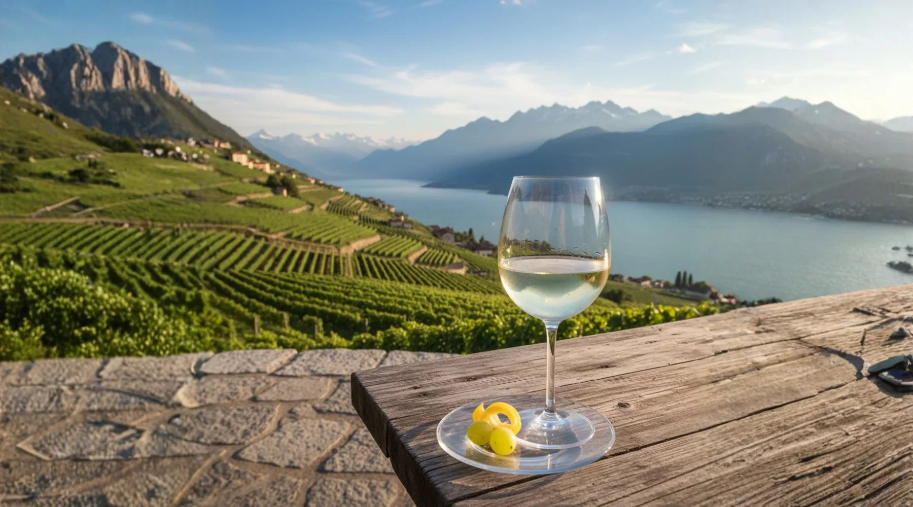Verre de vin blanc Pinot Grigio posé sur une table surplombant les vignobles en terrasses de Vénétie, avec vue sur un lac et les montagnes italiennes, symbole de fraîcheur et d’élégance.
