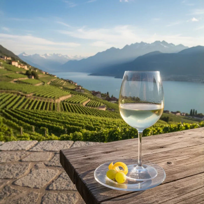Verre de vin blanc Pinot Grigio posé sur une table surplombant les vignobles en terrasses de Vénétie, avec vue sur un lac et les montagnes italiennes, symbole de fraîcheur et d’élégance.
