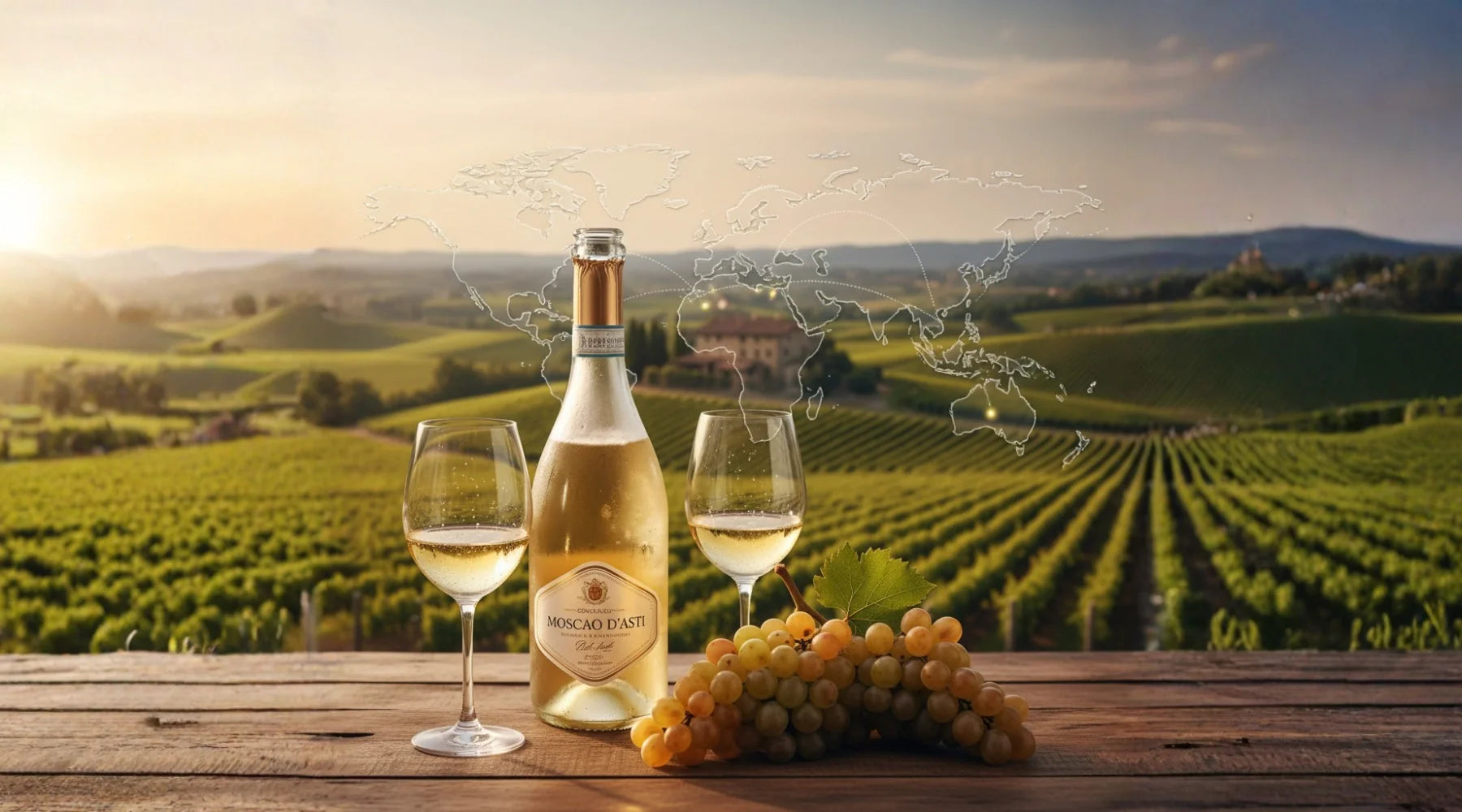 Bouteille de Moscato d’Asti et deux verres de vin blanc pétillant sur une table en bois, entourés de grappes de raisins, avec les vignes du Piémont au coucher du soleil.