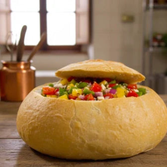 Pizza di panzanella présentée dans une miche de pain rustique, garnie de tomates, poivrons, oignons rouges et basilic frais, sur une table en bois dans une cuisine lumineuse italienne.