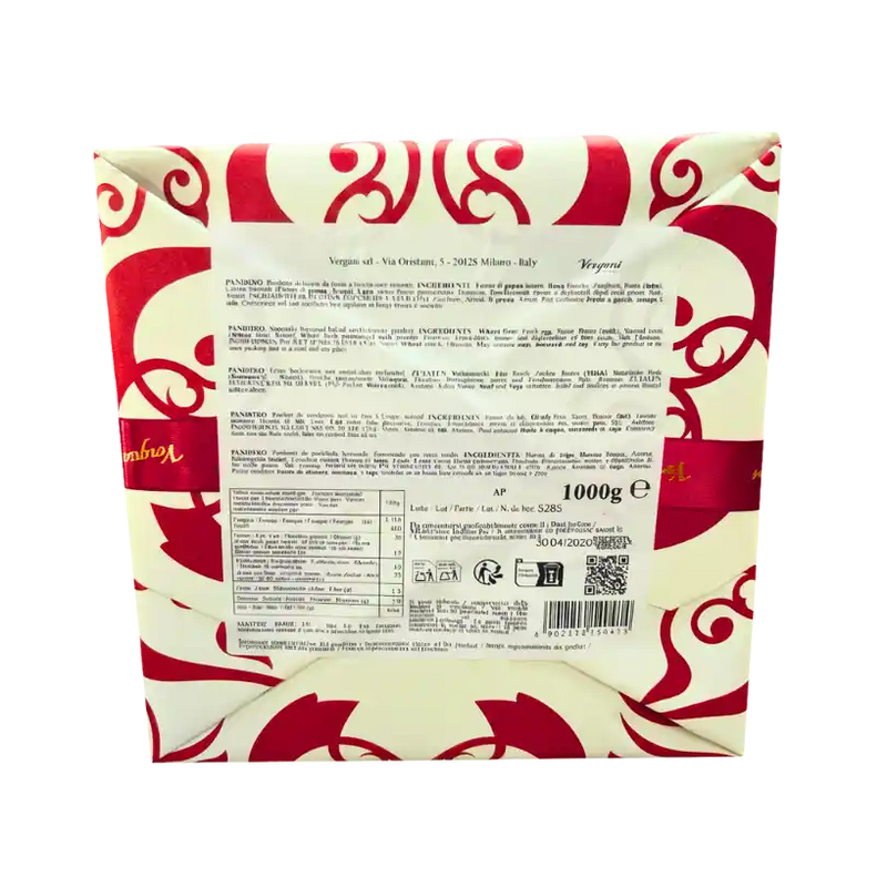 Emballage arrière du Vergani pandoro Classico 1000g, détails des ingrédients et informations nutritionnelles visibles.
