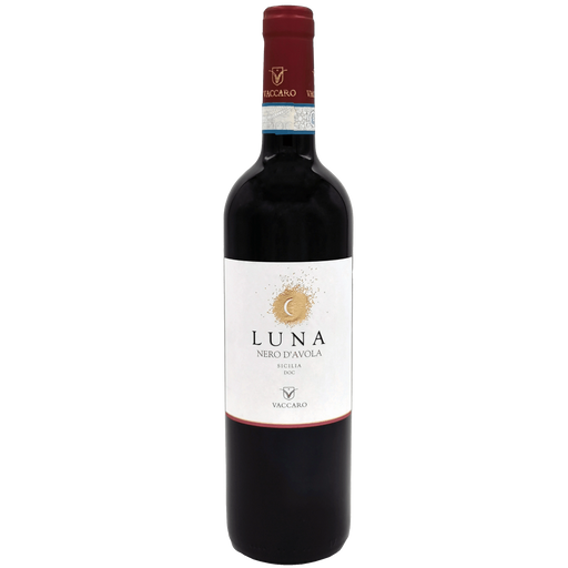 Bouteille de vin rouge Luna Vaccaro Nero d'Avola 75cl, étiquette élégante et design moderne.