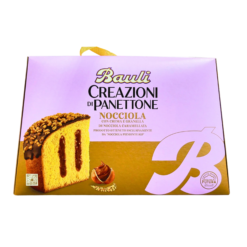 Panettone Nocciola Bauli in close-up – vooraanzicht met chocolade en hazelnoten