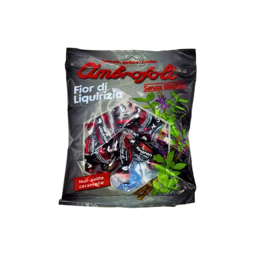 Sachet de bonbons réglisse Ambrosoli Fior di Liquirizia 150g, sans gluten, avec emballages individuels. Parfait pour les amateurs de bonbon réglisse, réglisse américain et carensac.