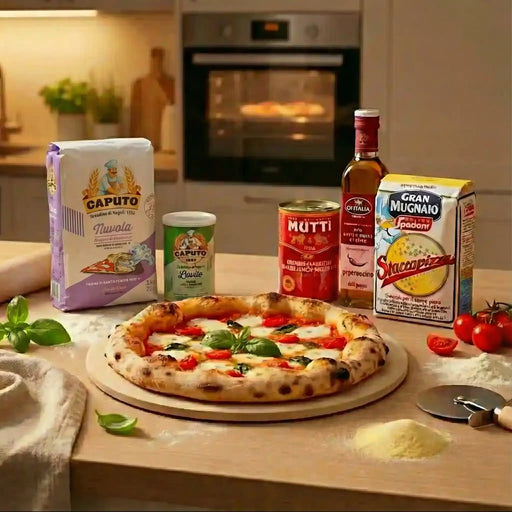 Pizza napolitana kit Pizzaiolo Maestro met Caputo Nuvola meel, Caputo gist, San Marzano Mutti tomaten, Staccapizza semoule en pittige olijfolie rond een ambachtelijke napolitaanse pizza.