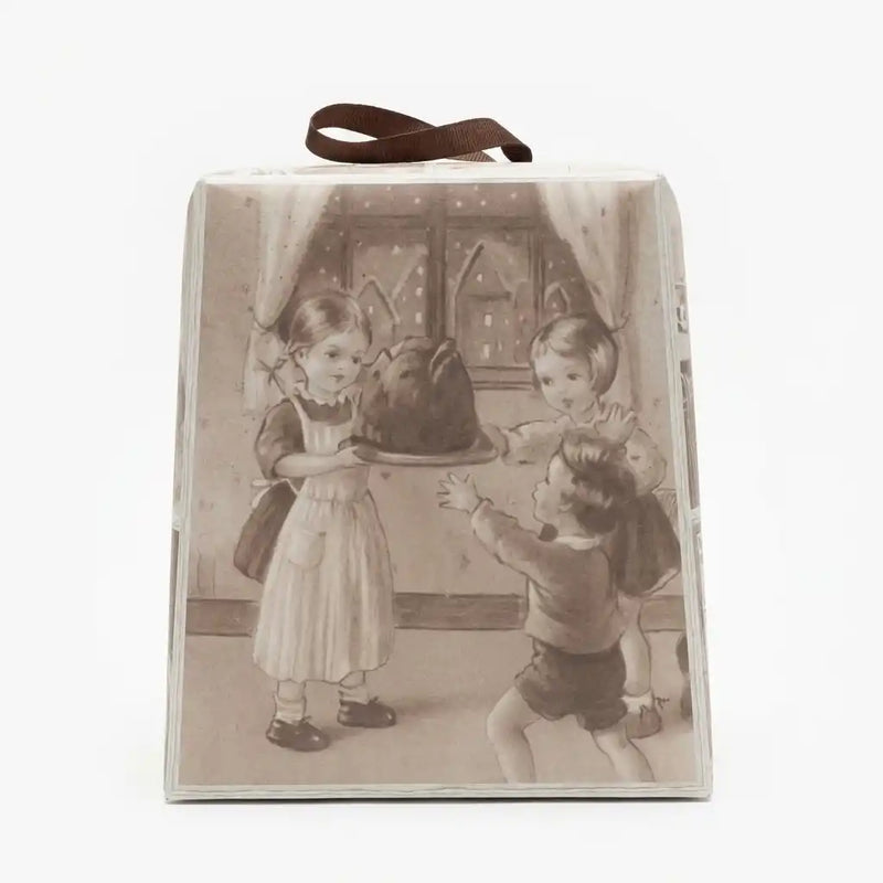 Vintage verpakking van de Panettone Classico Loison 500g – retro illustratie met kinderen rondom een panettone