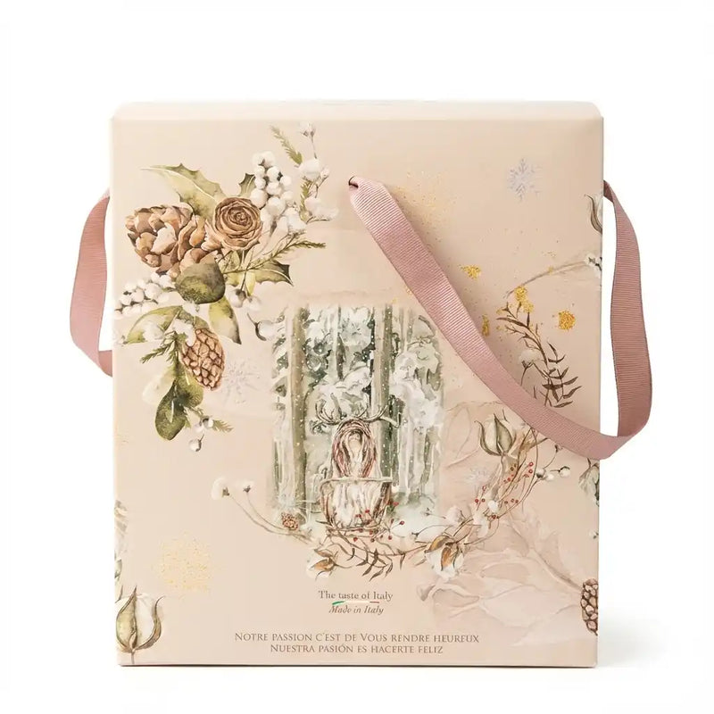 Cadeaubox Pandoro Loison – winterdecoratie met een hert en botanische illustraties, handvat van roze lint