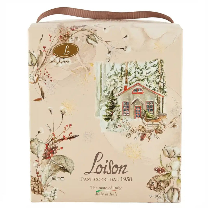 Pandoro Loison doos – beige verpakking met een besneeuwd chalet en winterdecoraties, handvat van lint