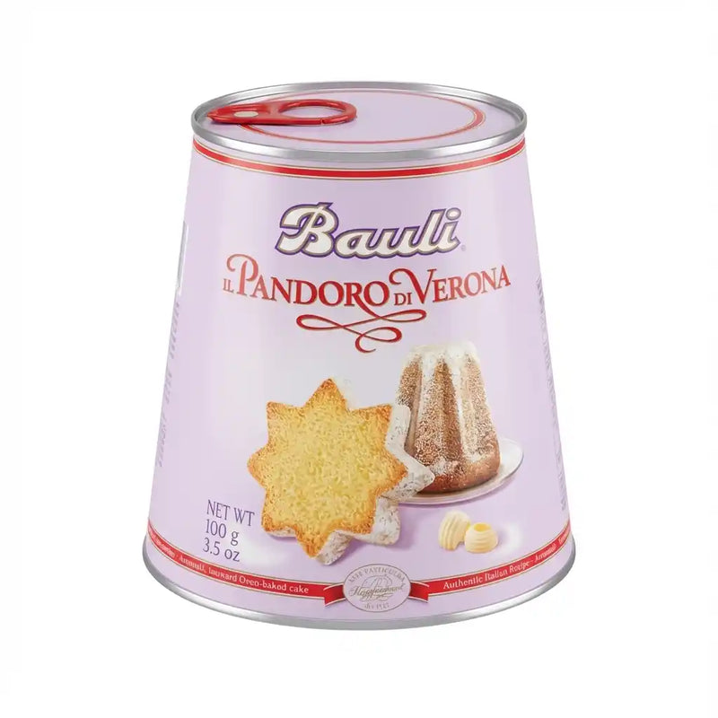 Mini Pandoro Bauli 100g – Italiaanse cake in de vorm van een ster, gepresenteerd in zijn roze paarse verpakking met rode handgreep.