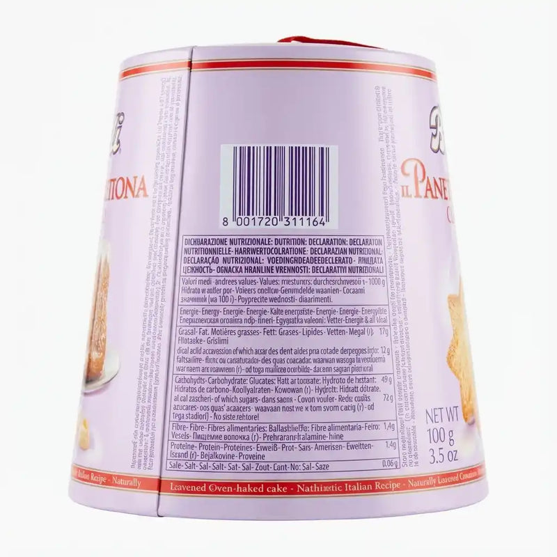Achterkant van de mini Pandoro di Verona Bauli 100g – zicht op de streepjescode, ingrediëntenlijst en voedingsinformatie op de paarse verpakking.