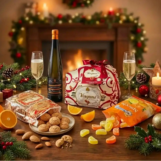 Coffret Noël italien avec panettone Vergani, Moscato d’Asti, amaretti et confiseries aux agrumes devant une cheminée festive.