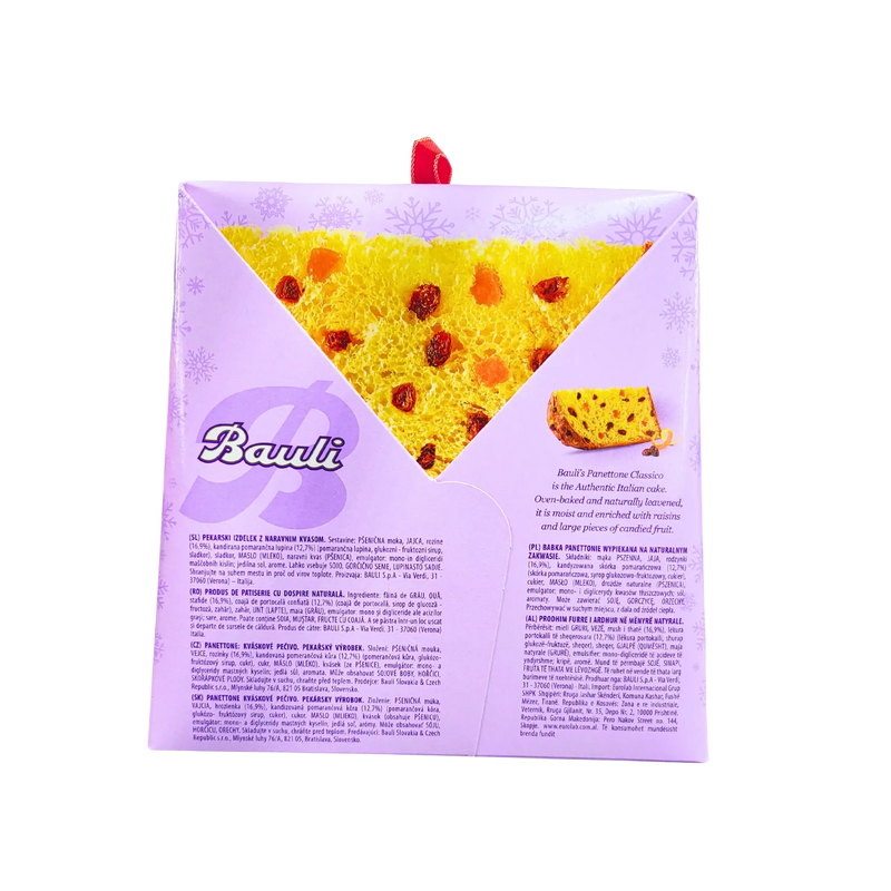 Boîte du panettone Bauli 700 g, illustrée de fruits confits, représentant toute l’authenticité du savoir-faire italien.