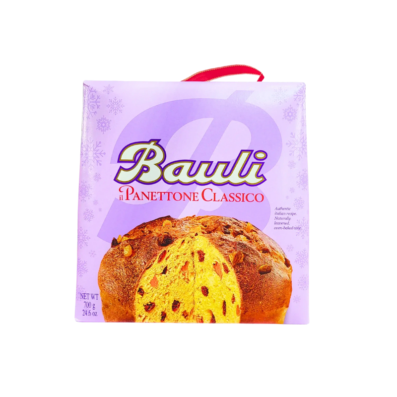 Panettone Bauli 700 g, gâteau italien traditionnel aux fruits confits et raisins secs, symbole de la gourmandise des fêtes.