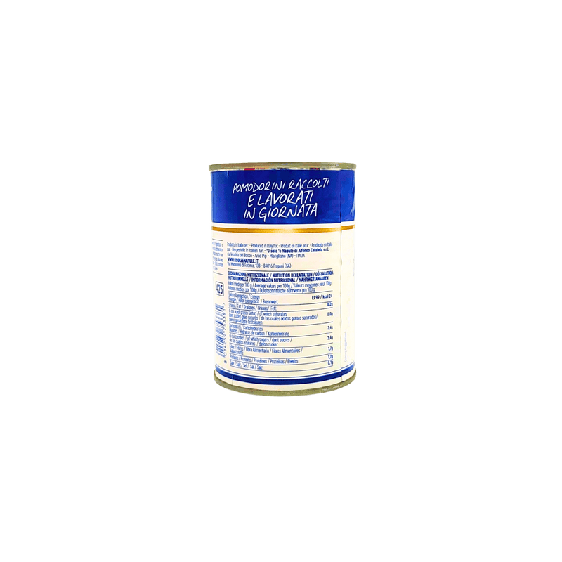 Face de la conserve Il Pomodorino de Sole e Napule montrant les informations nutritionnelles et la composition des valeurs nutritionnelles.