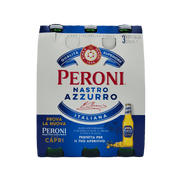 Pack de 3 bouteilles de bière Peroni Nastro Azzurro 33cl, lager italienne de qualité supérieure avec un goût méditerranéen, idéale pour partager.