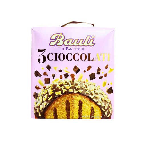 Panettone chocolat Bauli 3 Cioccolati 750 g, illustré avec ses décorations gourmandes et son emballage festif.