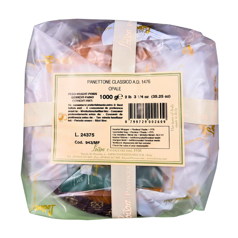 Dos de l'emballage du Panettone Classico Loison 1kg montrant les informations nutritionnelles et les détails du produit.