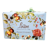 Image de la face avant du Panettone Loison 1kg avec un design floral élégant, fabriqué en Italie.