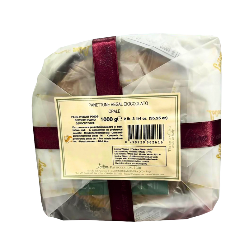 Onderzijde van de Panettone chocolade Loison 1 kg, die de details van de verpakking en het ambachtelijke etiket van het huis Loison benadrukt.