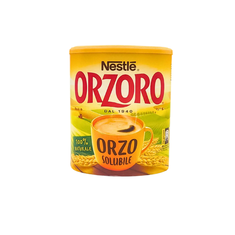 Vue avant du produit Nestlé Orzoro soluble 100% naturel, avec un design jaune et une tasse illustrée.