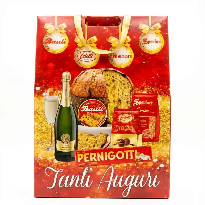 Italiaanse cadeaubox Bauli Tanti Auguri met pandoro, prosecco en Pernigotti chocolade