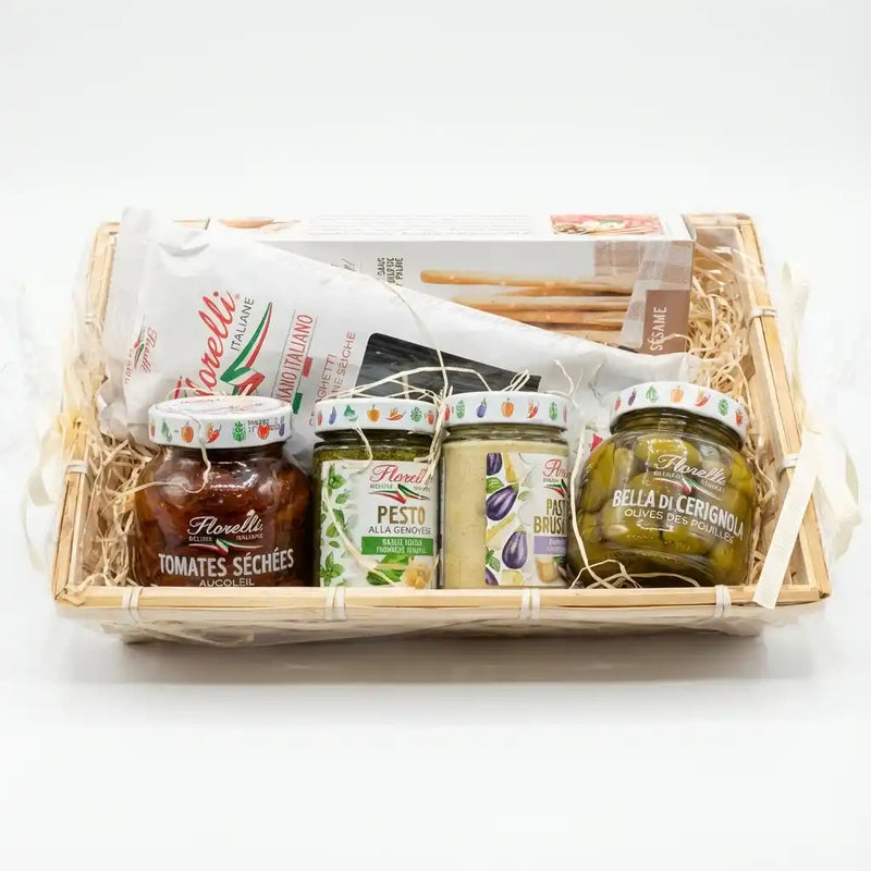 Italiaanse Aperitivo Mand Florelli - Antipasti, Pesto, Olijven & Spaghetti met Inktvisinkt (2,5kg) 