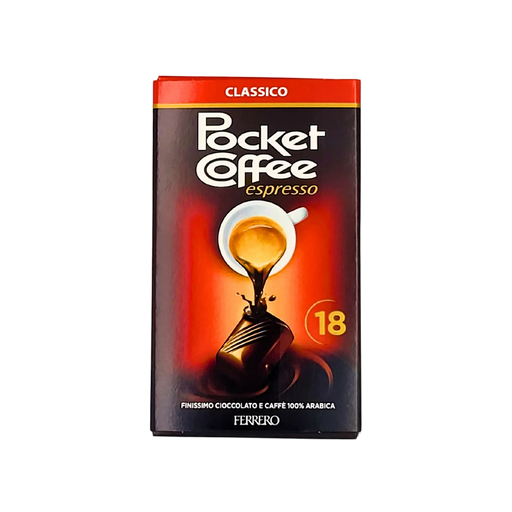 Face avant de la boîte Pocket Coffee espresso 225g, 18 pièces, combinant du chocolat fin et du café 100% Arabica, produit par Ferrero.