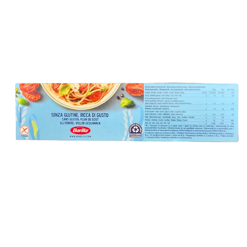 Dos du paquet de spaghetti sans gluten au maïs Barilla 400g - Informations nutritionnelles et préparation des pâtes sans gluten.