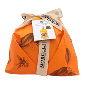 Panettone artisanal emballé dans un packaging orange, avec la liqueur Arancino 32° de Morelli, incluant le mot-clé principal : panettone liqueur.