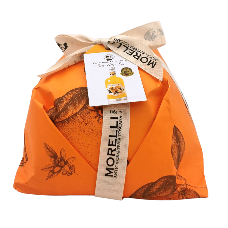 Panettone artisanal emballé dans un packaging orange, avec la liqueur Arancino 32° de Morelli, incluant le mot-clé principal : panettone liqueur.