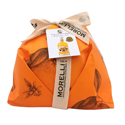 Panettone artisanal emballé dans un packaging orange, avec la liqueur Arancino 32° de Morelli, incluant le mot-clé principal : panettone liqueur.