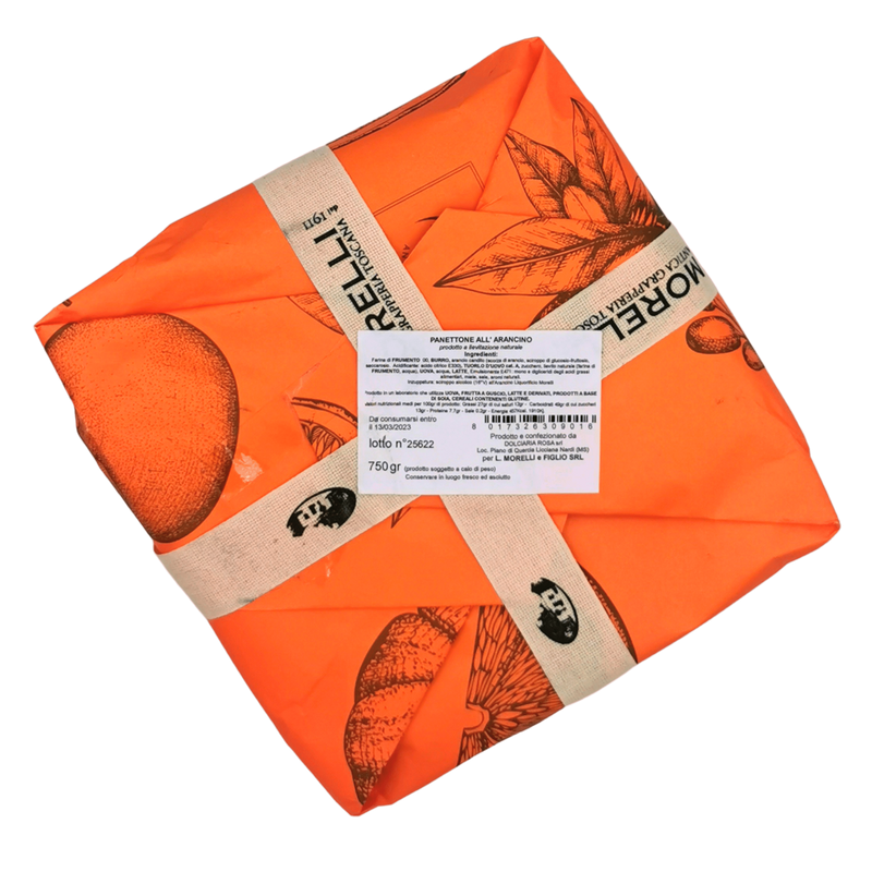 Panettone artisanal à la liqueur Arancino 32° avec liqueur à l’orange de Morelli, emballage orange, 750 g – délicieux produit italien.