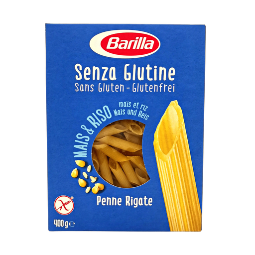 Penne Rigate sans gluten Barilla à base de maïs et riz - 400g, emballage face avant.