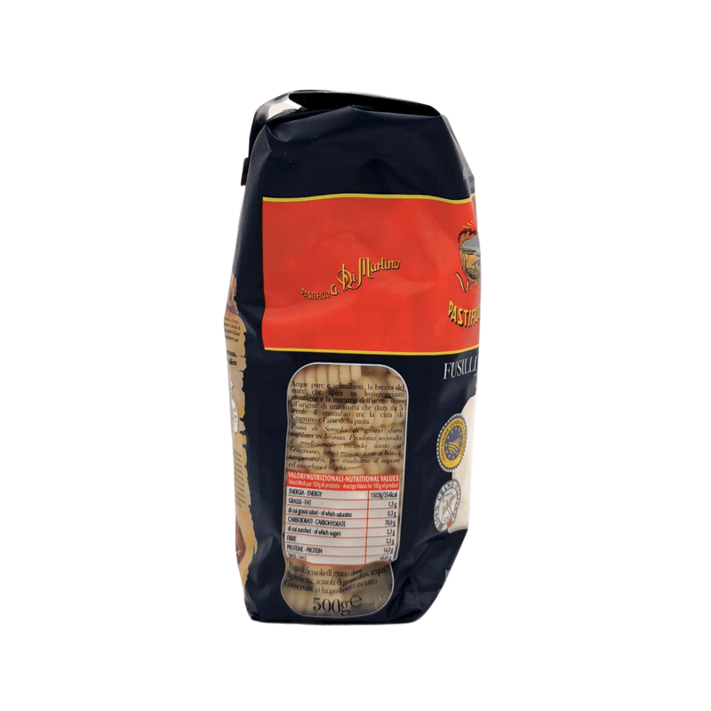 Informations nutritionnelles des pâtes Fusilli Gragnano IGP de Pasta di Martino 500g, produit artisanal italien.